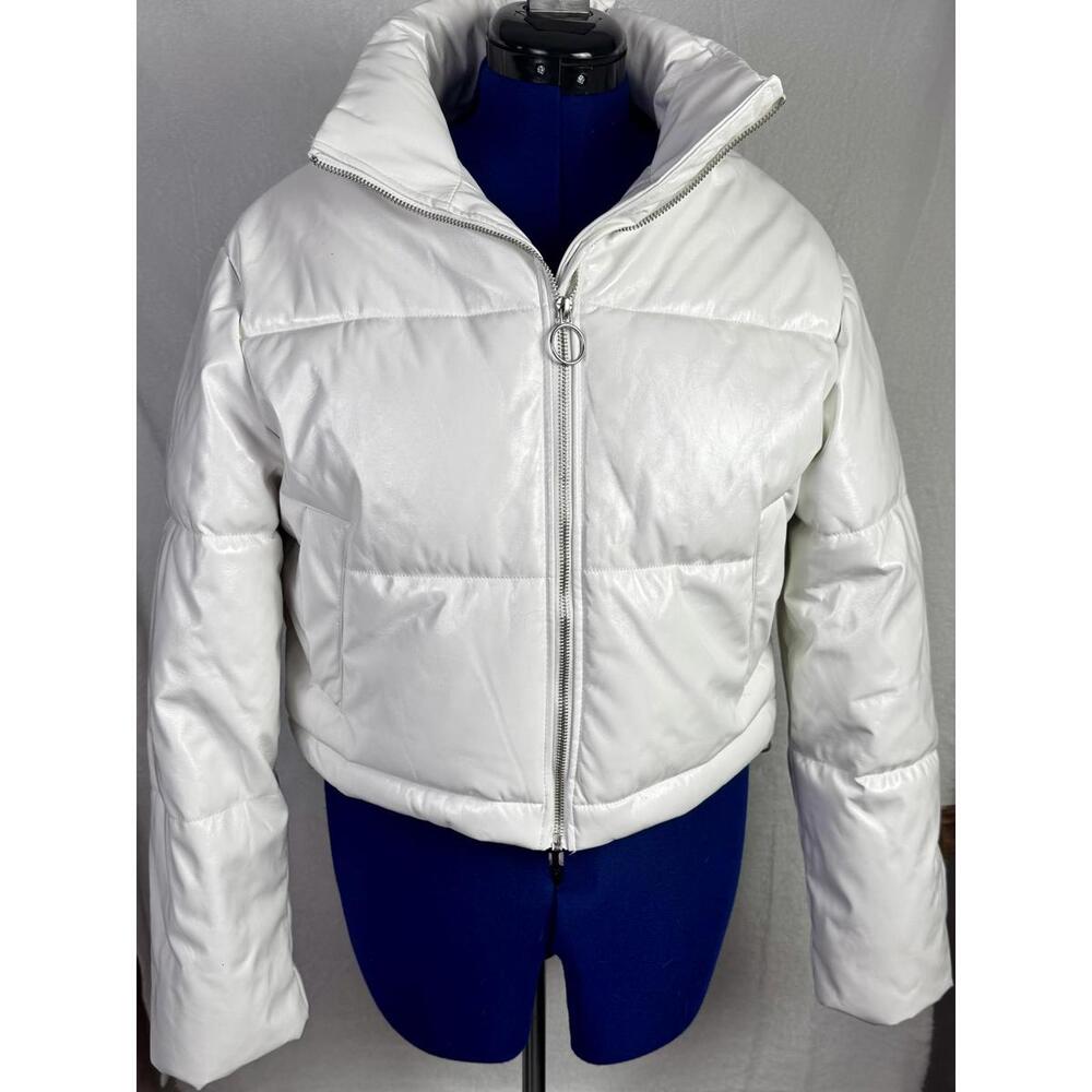 white faux leather‎ puffer jacket love tree crop winter coat streetwear y2k cold